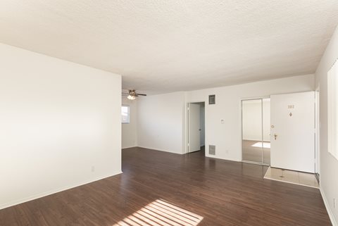 Living Room with Hardwood Floors and Mirrored Closet